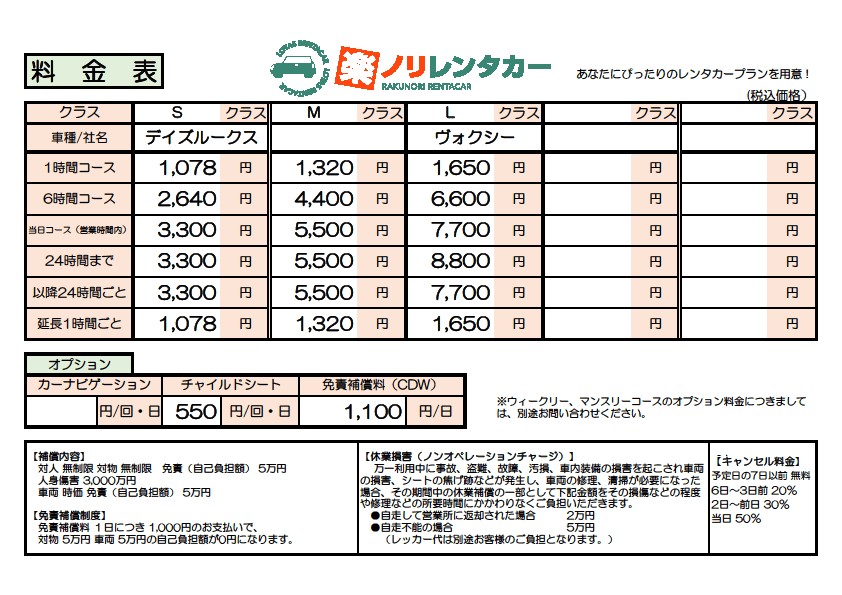 楽ノリレンタカー料金表